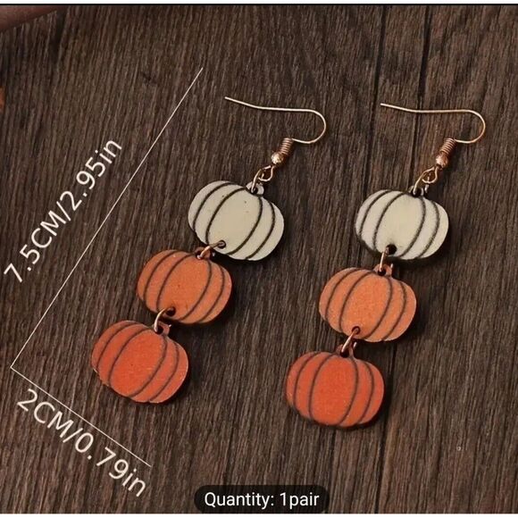 New Three Pumpkins 2 Inch‎ Dangling Drop Wooden Earring Fall Halloween - Picture 3 of 3